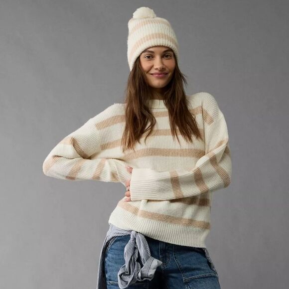 AE Whoa So Soft Crewneck Relaxed Knit Cream Tan Stripe Sweater - Picture 4 of 16